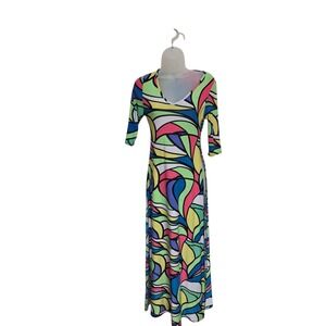 Vintage 90s Cleo Abstract Print Maxi Dress V-Neck Stretch Bodycon Colorful Mod M